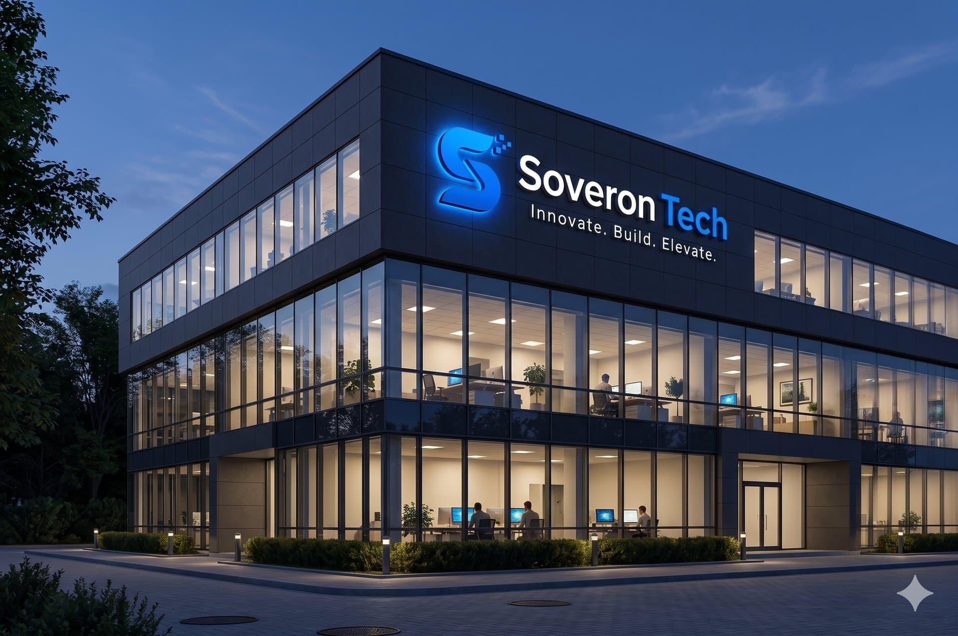 Soveron Tech signage on a modern office building at dusk