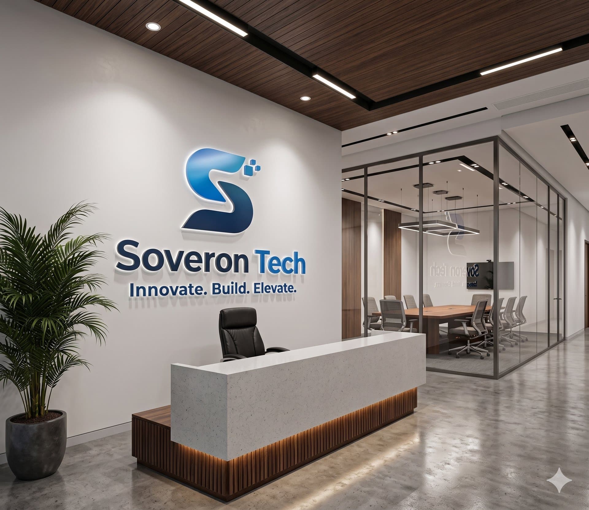 Soveron Tech logo on a corporate reception wall